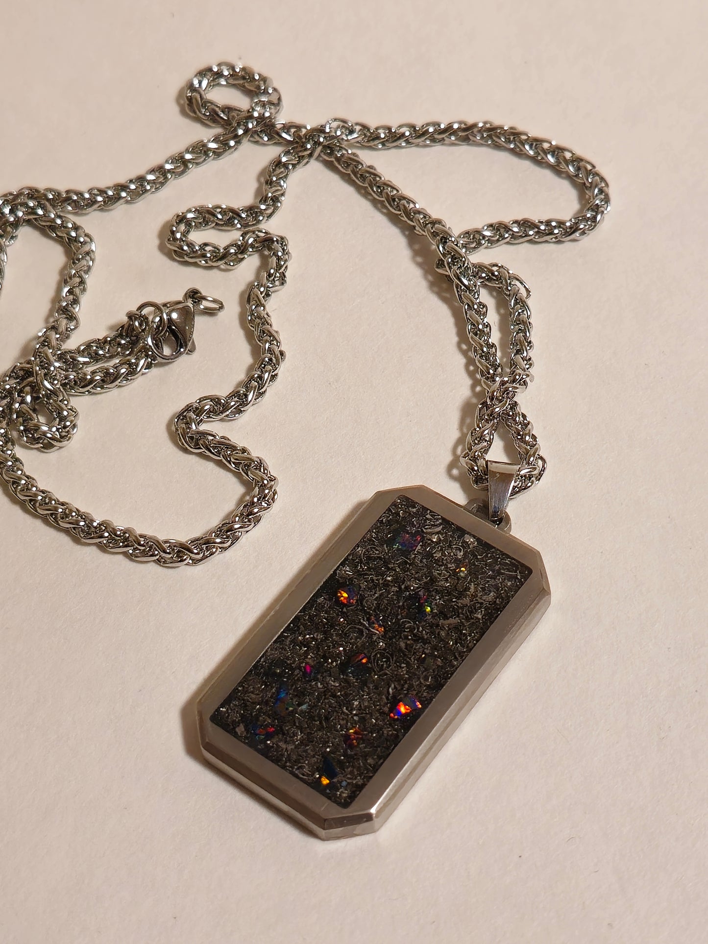 Meteorite and Fire Opal Titanium Dog Tag Pendant