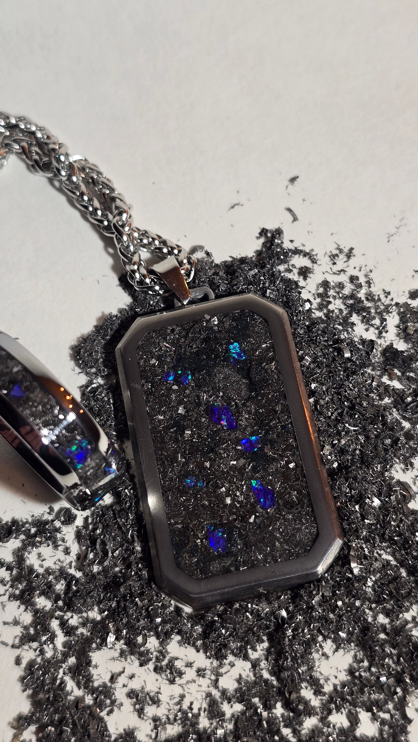 Meteorite, Blue Raspberry Opal Titanium Dog Tag Pendant and Titanium Ring