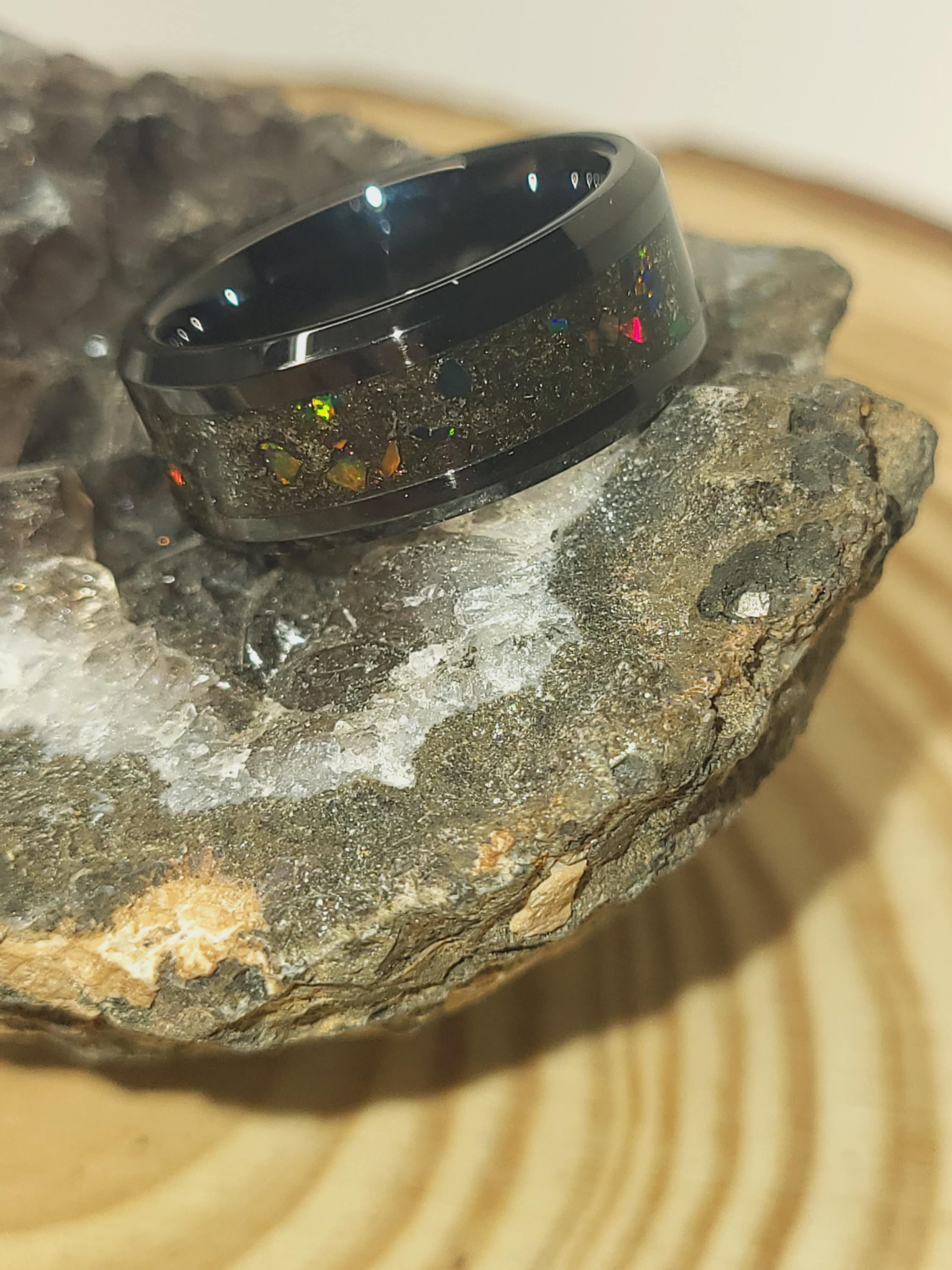 DARK sale DRAGON SCALE, Opal, Pyrite, Copper, Stone Inlay, Black Ceramic Green Glowstone Ring, Wedding, Engagement Band